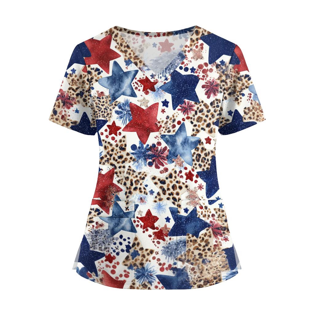 Women's V Neck Short Sleeve Work Top with Pockets Split Hem Independent Day Print Shirt Medical Uniform Nurse Scrub Shirt