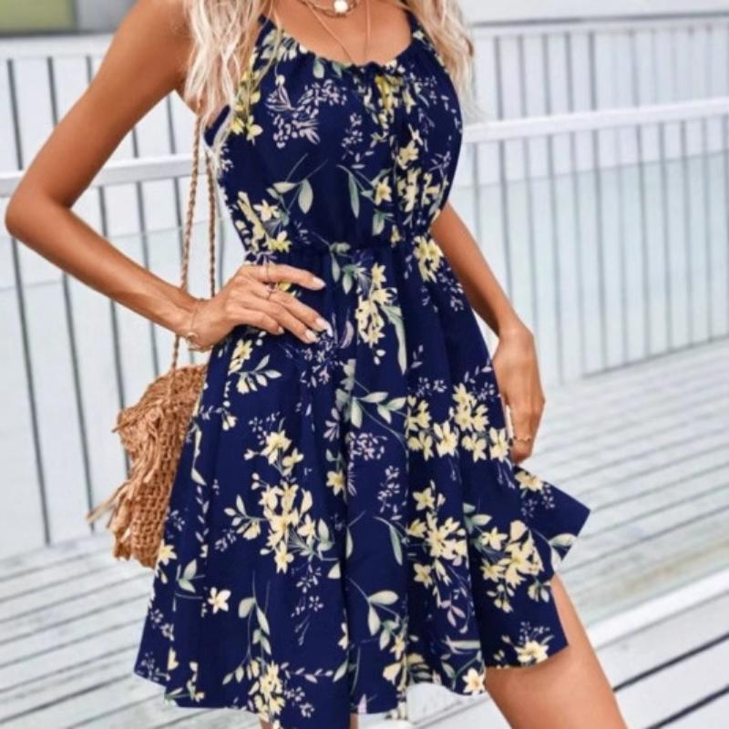 Women's Summer Floral Print Spaghetti Strap Mini Dress Tie Front Elastic Waist Sleeveless Casual Beach Sundress