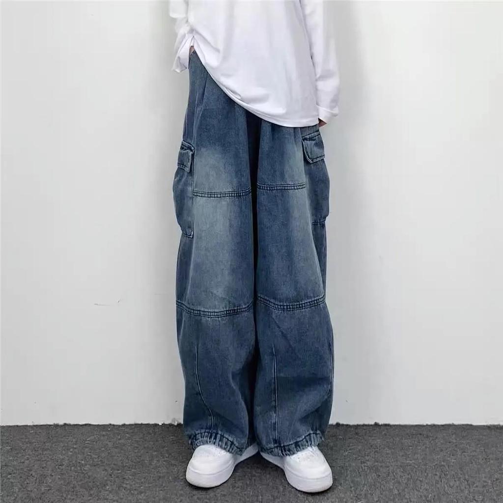 Men's Retro Wide-Leg Large Pocket Overalls - Trendy Loose-Fit Jeans for Autumn/Winter