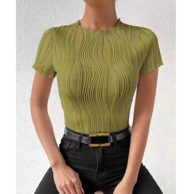 Summer Fashion Round Neck Short Sleeve Women Office Blouse New Solid Color Stripes Wavy Elegant Simple Shirt Casual Ladies Top Women's Clothing