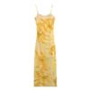 New Women's Clothing European and American Style Summer High Waist Pleated Waist Printed Silk Mesh Midi Dress
