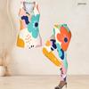 Women Plus Size Two Piece Set Scoop Neck Sleeveless Tank Top Fitted Floral Printed Pants Orange Blue Off White