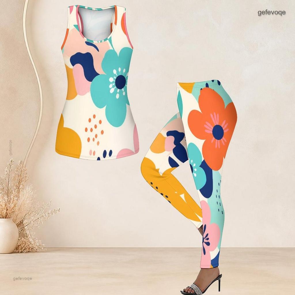 Women Plus Size Two Piece Set Scoop Neck Sleeveless Tank Top Fitted Floral Printed Pants Orange Blue Off White