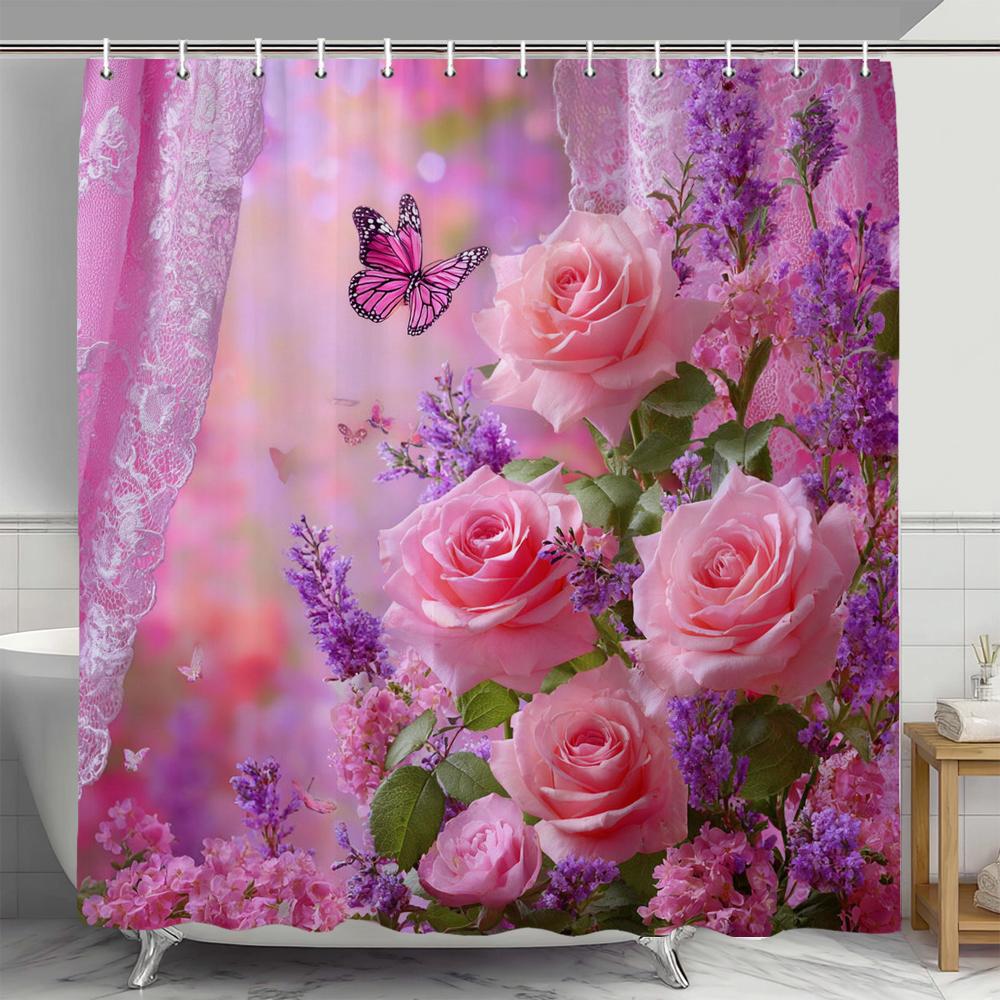 Pink Rose butterfly Shower Curtain,flowers and plants Shower Curtain,Flowers Printed polyester fabric Bathroom Decor Curtain W90xH180cm