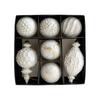 Antique Christmas Bauble Set In White with Aged Gold-Colored Trim, Angular Relief Motifs, and Hanging Rings for Holiday Tree, Mantels Displays
