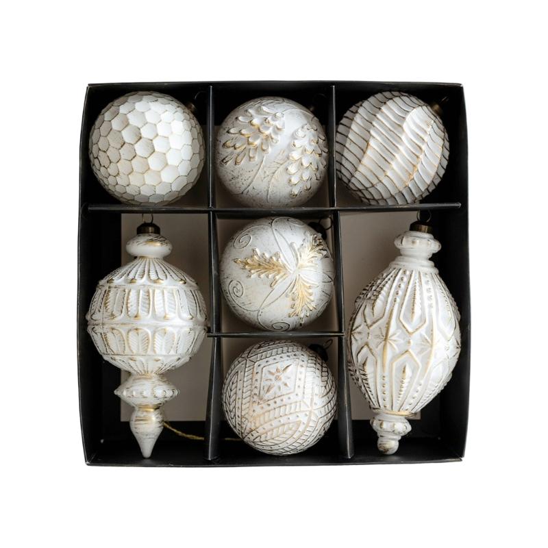 Antique Christmas Bauble Set In White with Aged Gold-Colored Trim, Angular Relief Motifs, and Hanging Rings for Holiday Tree, Mantels Displays