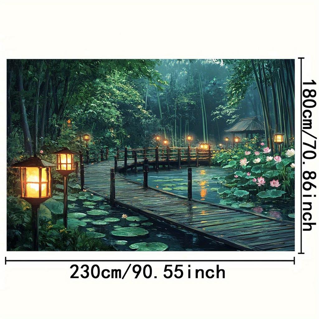 1pc Harmonious bamboo forest lanterns and water lily background - peaceful nature photography polyester birthday party