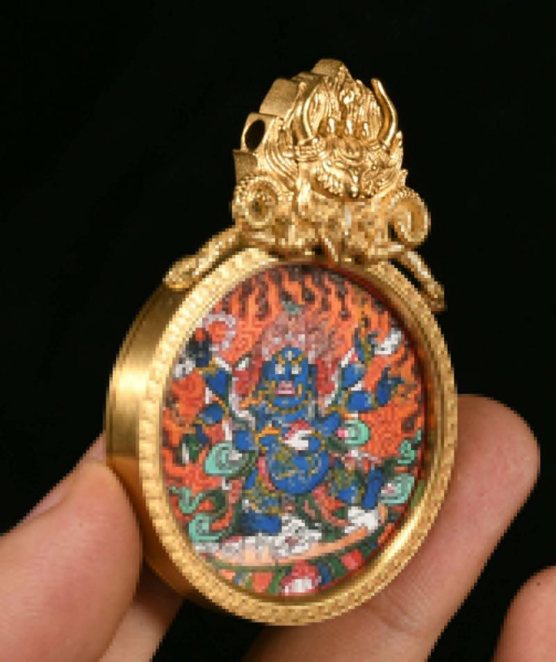 Tibet Bronze Gilt Painting Mahakala Buddha Winged Garuda Bird Amulet Pendant