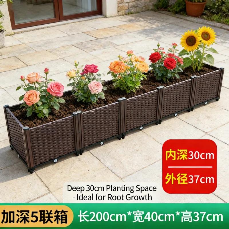 Large 5-Cell Deepened Planter Box 200x40x37cm Heavy Duty Plastic Raised Garden Bed for Vegetables Herbs Flowers Outdoor Balcony