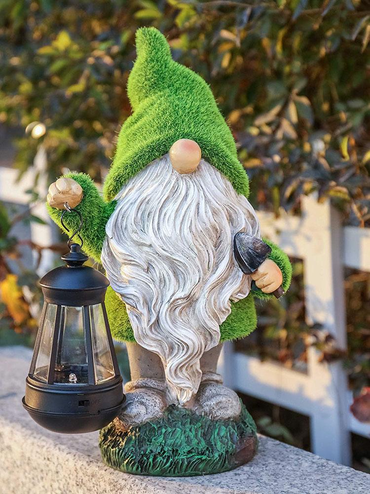 Flocked Gnome Statue with Solar Light Decorative Moss Gnome Figurine Outdoor Gnome Decoration for Patio Lawn Yard Balcony