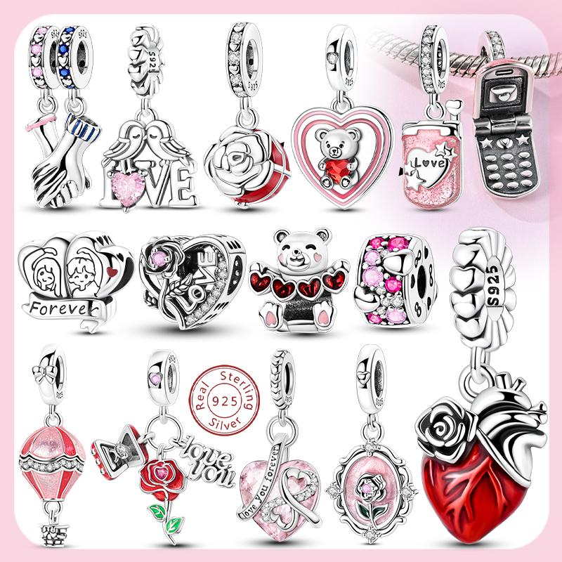 Original Copper Valentine'S Day Charms Bead Pendant Rose Sweet Bear Couple Charm Fit Bracelets Bangle Woman Diy Jewelry Gift