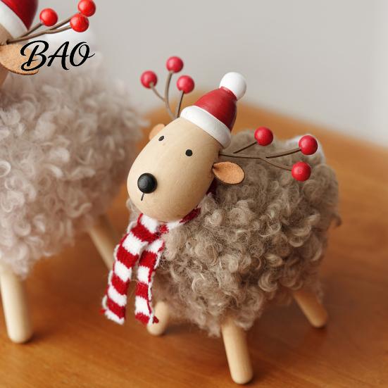 Cute Animal Table Decorations Wooden Christmas Sheep Figurine with Scarf Santa Hat, Plush Fleece Versatile Wood Art Pieces Lamb Tabletop Ornament,