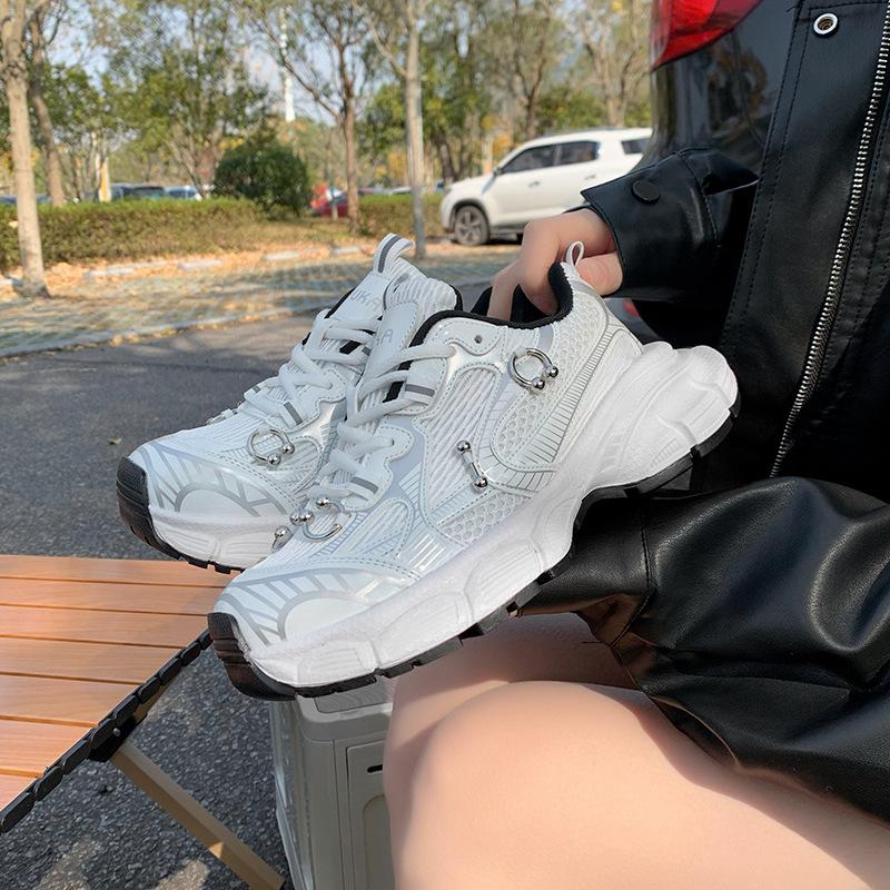 Leather dad shoes women's 2025 spring new thick-soled versatile breathable polish outdoor casual sports shoes running shoes tide
