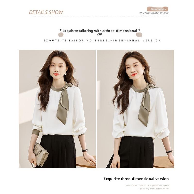 Gentle Collar Bow Tie Shirt for Women, 2026 Spring and Autumn New Style, Color Block Ribbon Design Satin Top