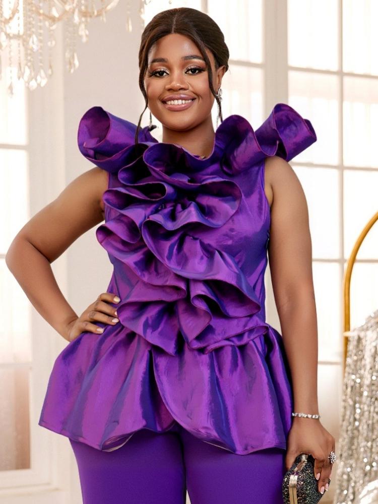 

Элегантные женские блузки для вечеринок, рубашка с 3D-рюшами, без рукавов, пеплум, прикрывающая живот, летние модные топы, женская одежда для особых случаев, новое событие, день рождения XXL фиолетовый