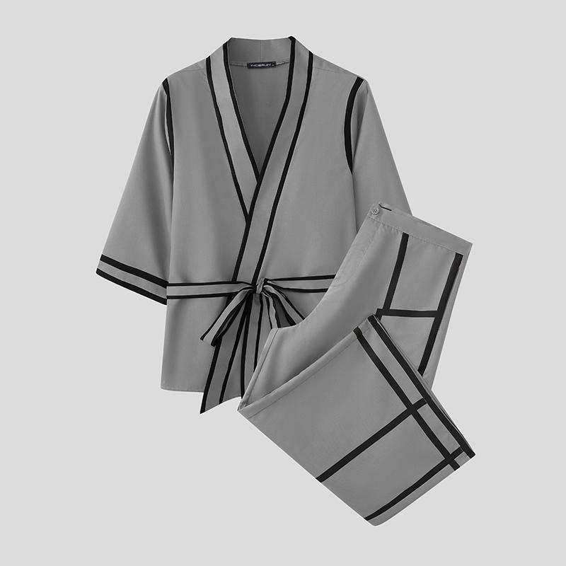 INCERUN 2PCS Men Lapel Neck 3/4 Sleeve Stitching Belt Shirt Long Wide Leg Pants Sets Outfits