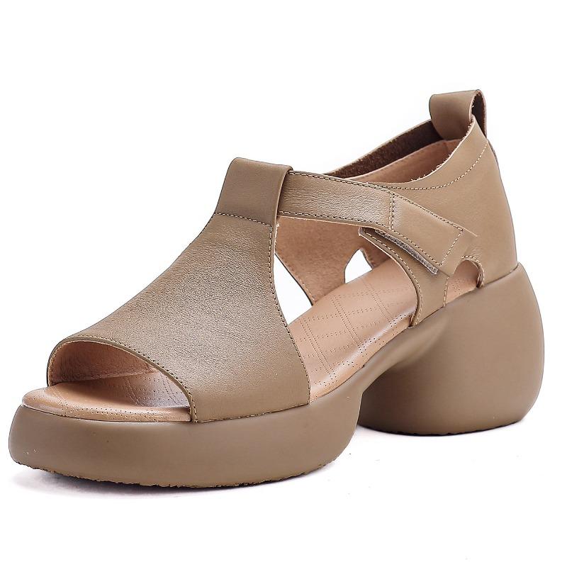 Pure Cowhide Summer New Thick-soled Casual Versatile Leather High-heeled Sandals Fish Mouth Velcro Mother Shoes