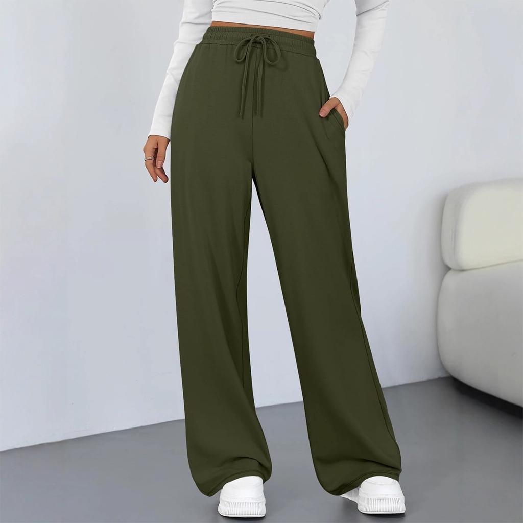 Modische Damen-Farbhose mit weitem Bein, hoher Taille, lockeren Taschen mit Kordelzug, Freizeithose