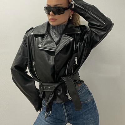 Dámska jednofarebná jesenná zimná kožená bunda Punková krátka s opaskom Skladaný golier Dámska so zipsom Retro Moto Biker Kabát