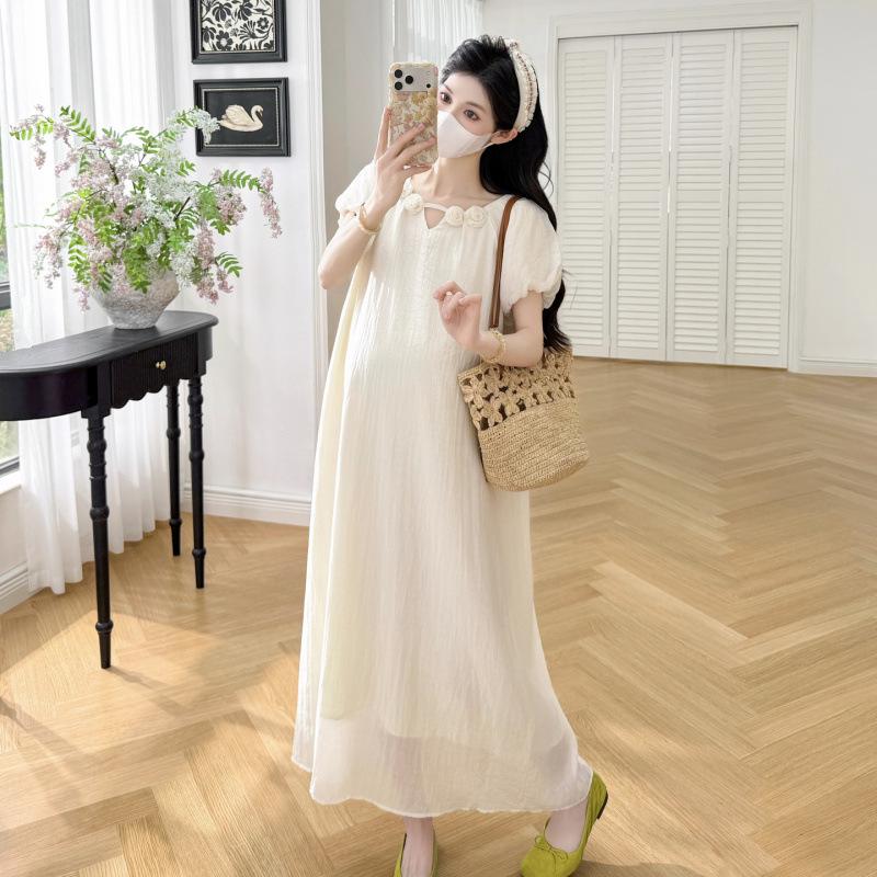 Korean Style Puff Sleeve Maternity Dress - Summer 2026, Gentle, Long, Belly-Concealing M