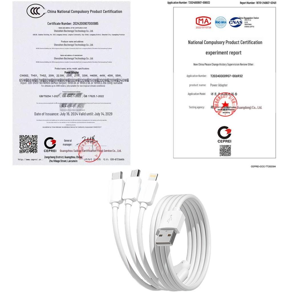 66W Charger Set with 3-in-1 Fast Charging Cable, Compatible with Apple & Android Devices, 3C Certified