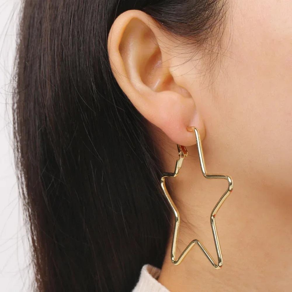 Stainless Steel Hollow Pentagram Hoop Earrings Boho Vacation Style Five-pointed Star Earring Punk Party Daily Jewelry Gift
