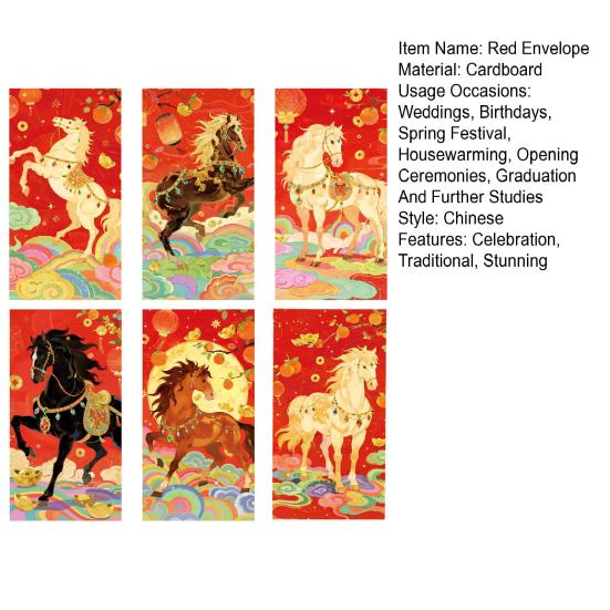 6 Pcs Envelopes Year of The Horse Chinese New Year Red Hong Bao Spring Lucky Pockets
