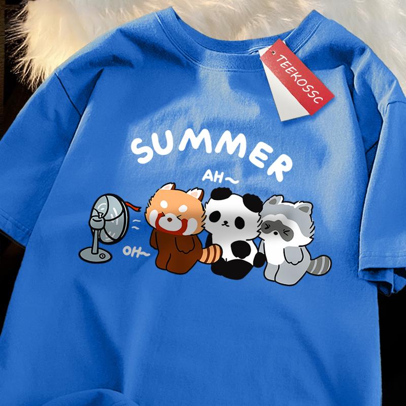 3 Raccoons Blowing Fans Print T-Shirt Street Breathable Tshirt Fashion Loose Tees Cotton Oversized Street Clothes Men Women