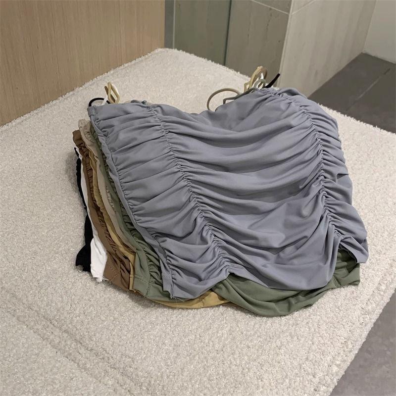 Wrinkled Camisole Vest for Women Strapless Off The Shoulder Wearing Ice Silk Thin Short Top for Summer