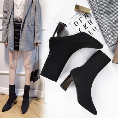 Bottes thermiques noires pour femmes à un seul caractère, talons hauts pointus confortables et à la mode, chaussures simples à talons épais décontractées pour femmes