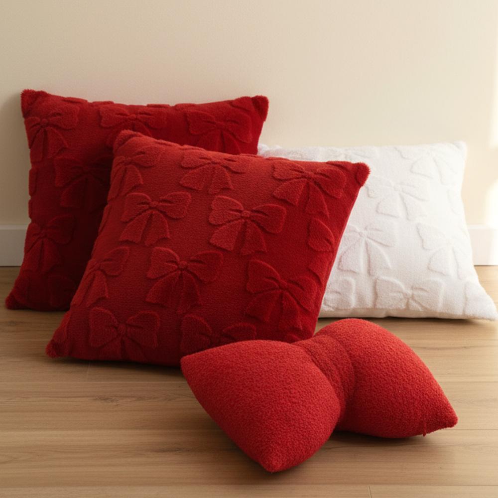 Solid-Color Rabbit Fur Jacquard Bow Pillowcase Cojines Lovely Plush Living Room Sofa Decoration Pillow Cushion Covers 45x45cm