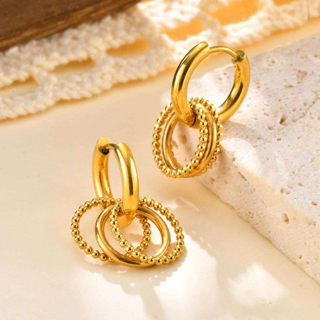 Fashion Round Beads Multi-ring Earrings for Women,Stainless Steel Ball Hoop Earrings Gold Color,Waterproof Jewelry Gift