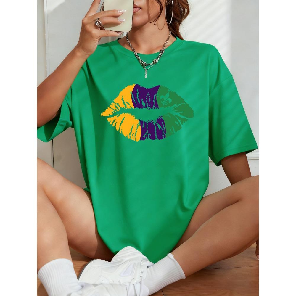 Happy Carnivals Creative Lips Printed Women T-Shirt Cotton Y2K T Shirts Comfortable Short Sleeve Oversized Summer