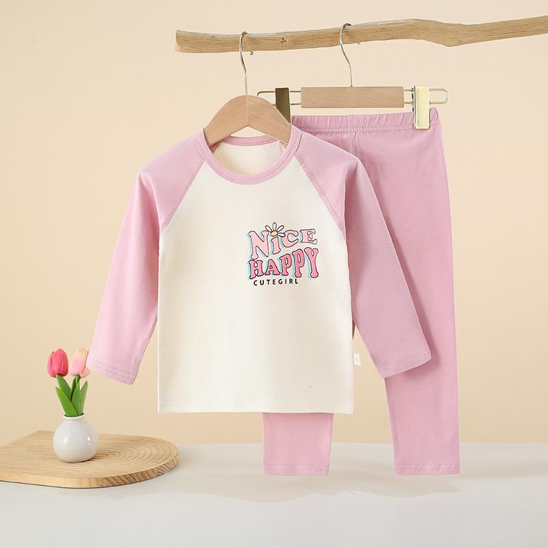Children Cotton Raglan Long Sleeve Top and Pants Set Boys Girls Thermal Underwear for Spring Fall