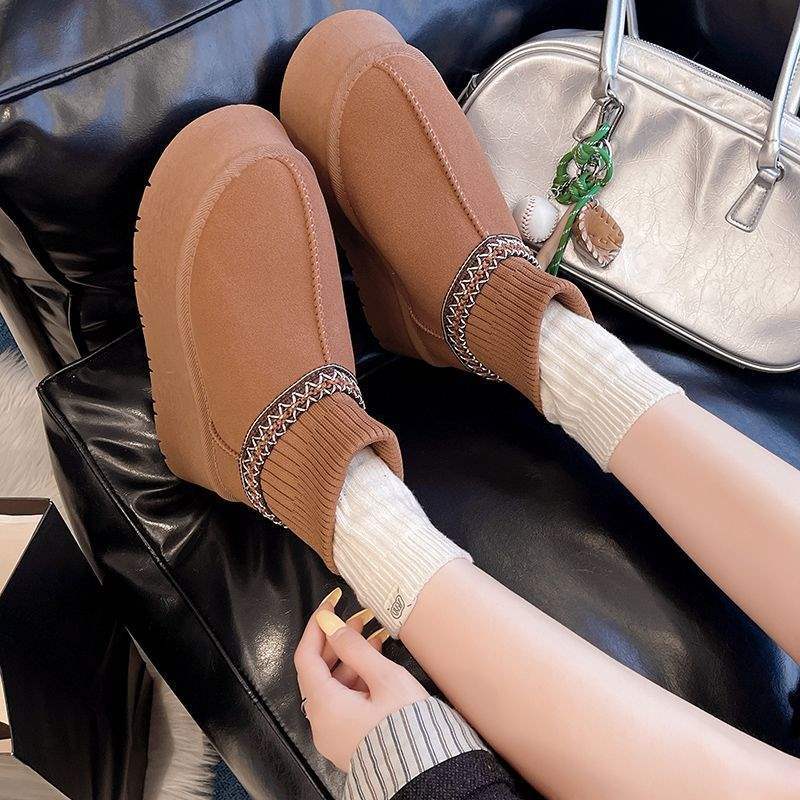 2025 νέα χειμερινά χοντρόσολα χιονιού με φλις επένδυση ζεστά μποτάκια χιονιού γυναικεία με φλις χοντρή μάλλινη επένδυση πλεκτά μποτάκια με μάλλινο στόμιο