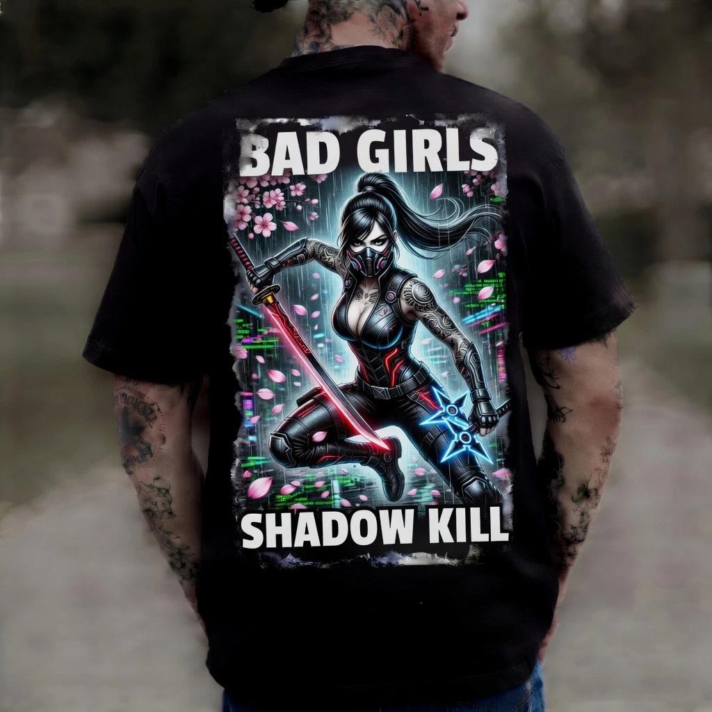 Bad Girls Shadow Kill Black Graphic T-Shirt Ninja Tattoo Edgy Tee XXL