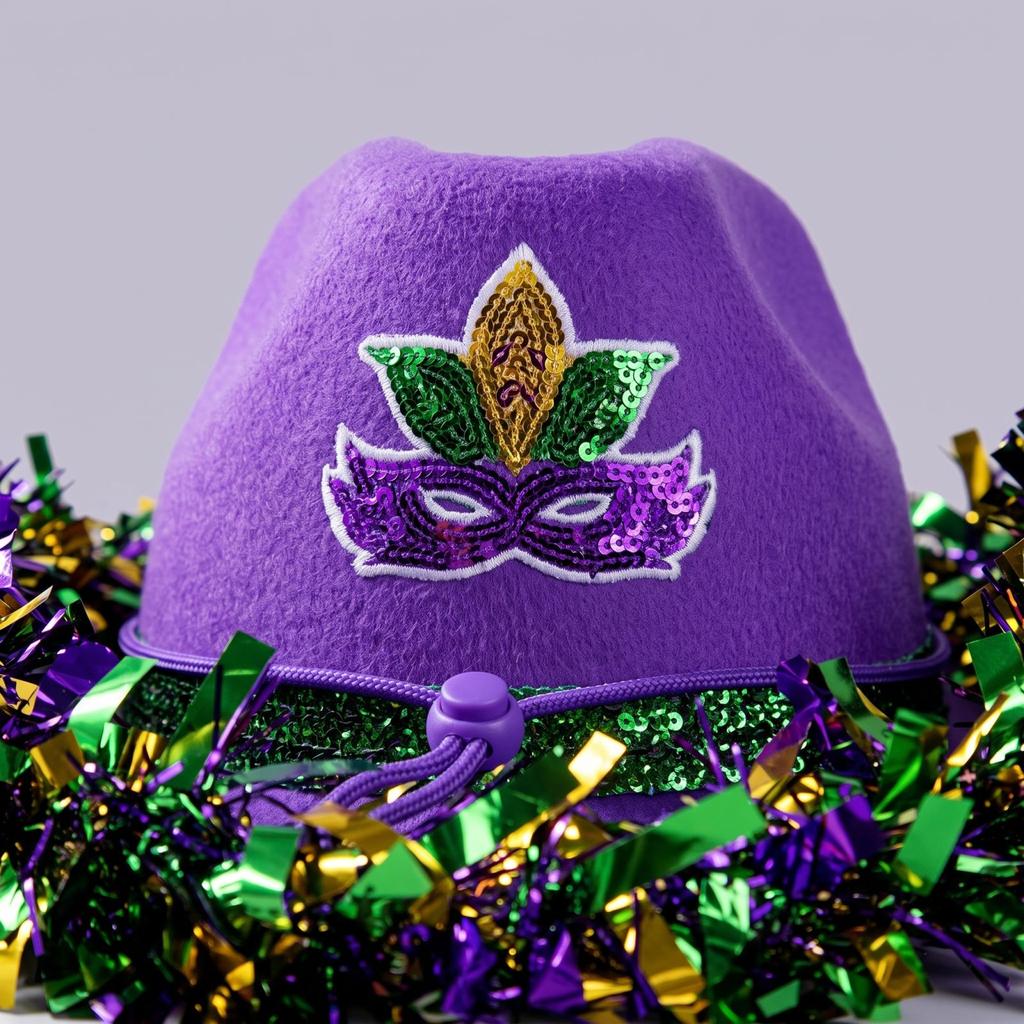 Hat with Purple Gold Green Feathers and Ribbon Trim for Celebrations