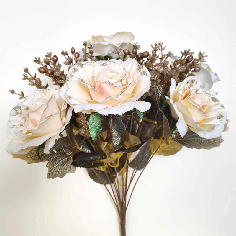 

13 Европейских Ретро Роз с Пайетками Имитация Золотого Букета Домашнее Свадебное Украшение Цветочная Композиция Искусственный Цветок белый