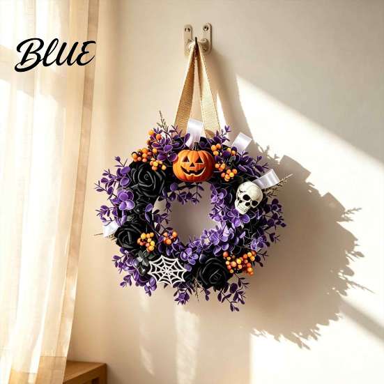Accenti stagionali per la casa vacanze Ghirlande di Halloween per la porta d'ingresso Ghirlanda con teschio e zucca con bacche Rose nere per porta Foglie viola Porte Muro del portico