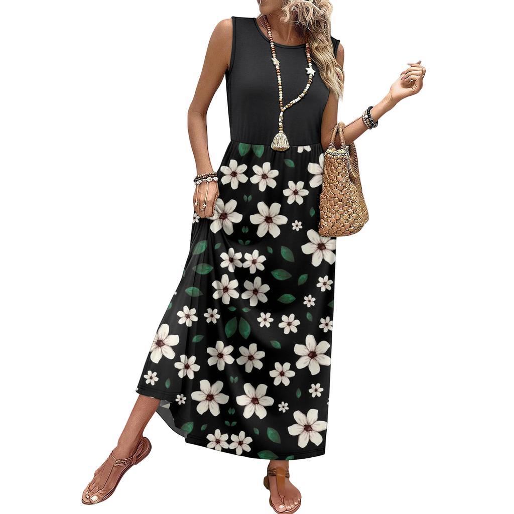 Sleeveless Floral Print Casual Dress for Women Waist Cinched Crew Neck Tank Long Maxi Dress for Daily Wear Vacation