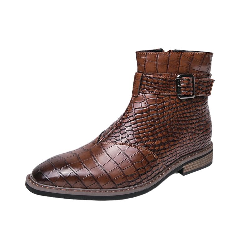 Brand Fashion Men's Side Zipper Snake Leather Pattern High Top Short Boots Pointed Comfortable Banquet Men's Boots