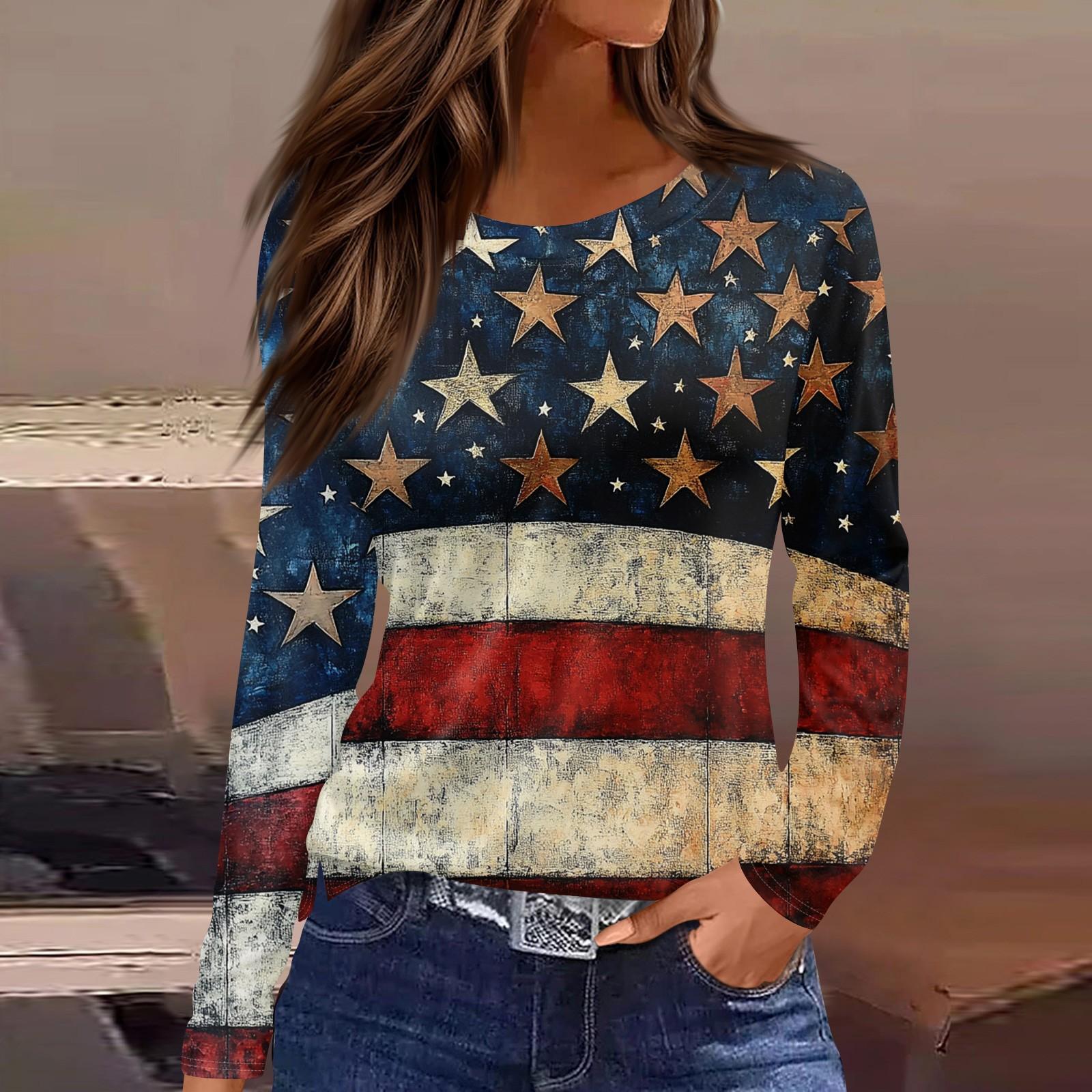 

Women s Fashion Slit Hem Independence Day Printed Round Neck Long Sleeve Top M