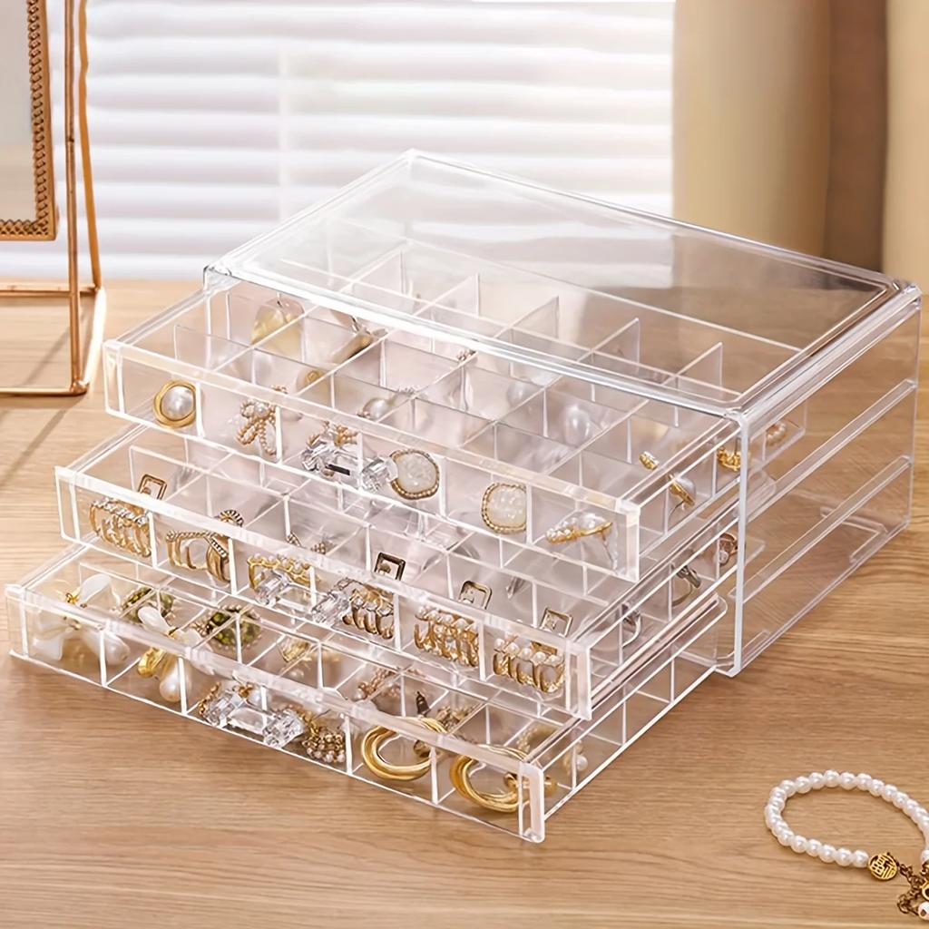 Stylish and Practical Jewelry Storage Box, 3-layer 72-grid Large-Capacity Organizer for Rings, Earrings and Necklaces