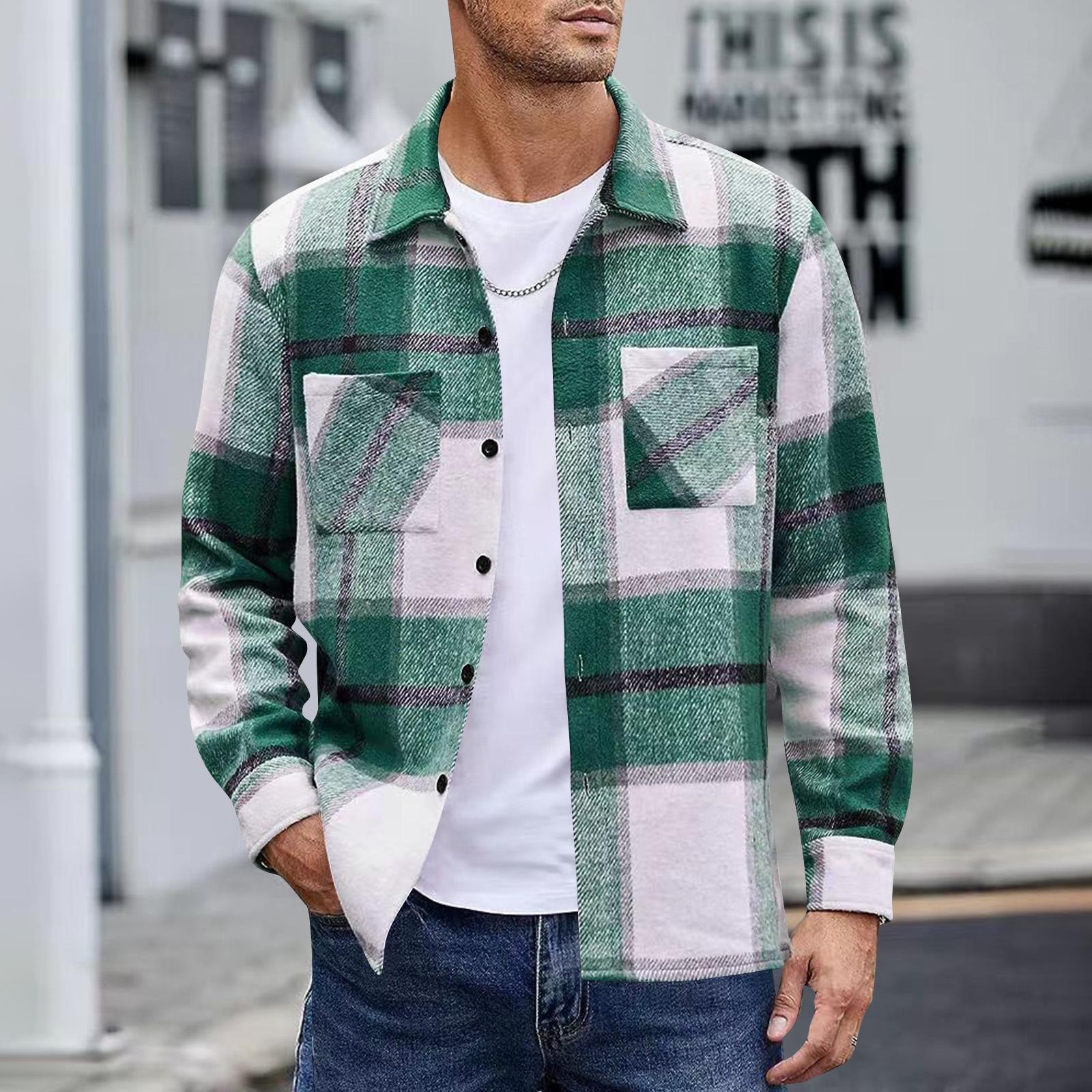 

Мужская теплая повседневная рубашка-куртка на пуговицах с двойными карманами, в клетку, колор-блок, удобная XXXL зелёный