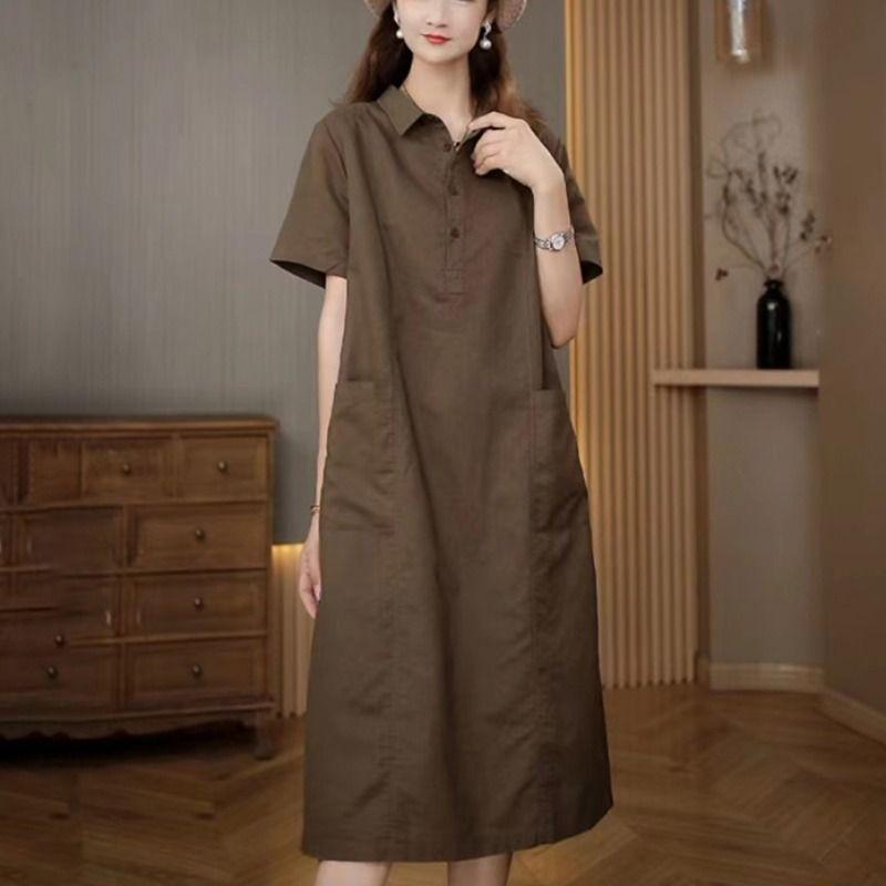 Casual Cotton Linen Dress Summer Women Fashion Slimming Cover Belly Elegant Long Dress