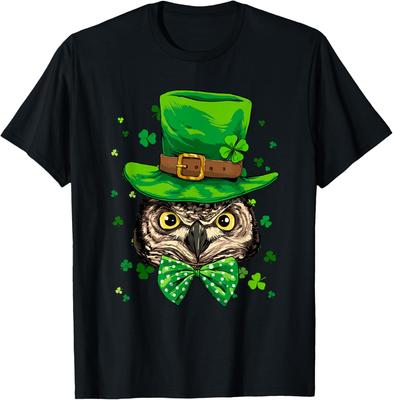 Funny Owl Leprechaun St Patricks Day Graphic Tee Shamrock Print Casual Cotton T-Shirt for Men