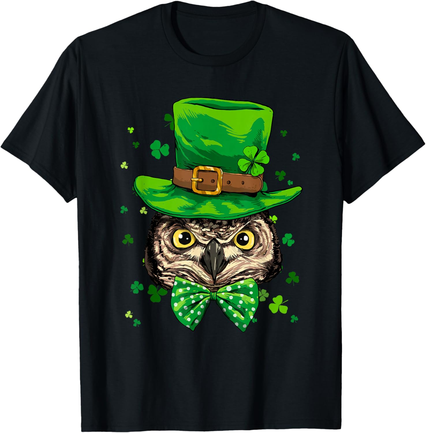 

Funny Owl Leprechaun St Patricks Day Graphic Tee Shamrock Print Casual Cotton T-Shirt for Men 4XL