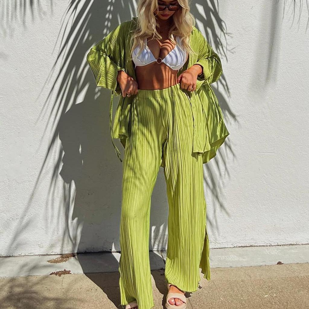 Completo da donna in due pezzi con pantaloni plissettati, casual chic, tinta unita, a maniche lunghe, con camicie abbottonate e pantaloni a gamba dritta