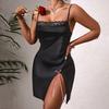 Satin Lace Cami Nightgown Side Slit Lace-Up Multi-Color Women's Loungewear 912 Adjustable Flirty Sleepwear with Romantic Lace-Up Details