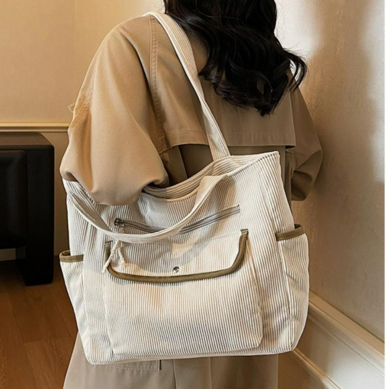 Corduroy Shoulder Bag Women Large Capacity Multi Pocket Tote Handle Bag Korean Style Casual Textured and Versatile Storage Bags